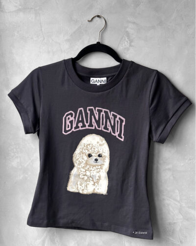 Ganni Small Black Basic Cotton Jersey Poodle Tee, crafted from soft cotton with a playful poodle graphic for casual, everyday style.