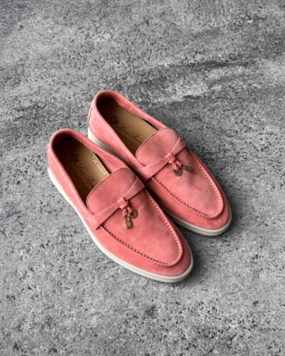 Loro Piana Rain Coral Summer Charms Walk Loafers in soft suede, featuring the iconic charm detail and effortless casual elegance.