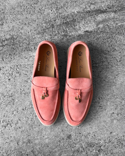 Loro Piana Rain Coral Summer Charms Walk Loafers in soft suede, featuring the iconic charm detail and effortless casual elegance.