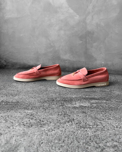 Loro Piana Rain Coral Summer Charms Walk Loafers in soft suede, featuring the iconic charm detail and effortless casual elegance.