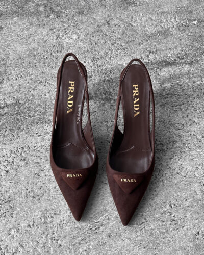 Prada Dark Brown Suede Slingback Pumps with 75mm heel, size 36.5. A timeless, elegant silhouette crafted in soft suede.