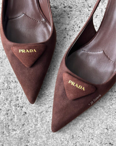Prada Dark Brown Suede Slingback Pumps with 75mm heel, size 36.5. A timeless, elegant silhouette crafted in soft suede.