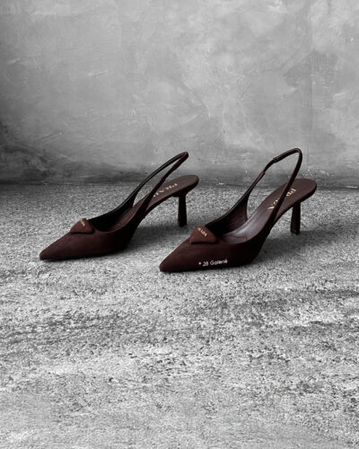 Prada Dark Brown Suede Slingback Pumps with 75mm heel, size 36.5. A timeless, elegant silhouette crafted in soft suede.