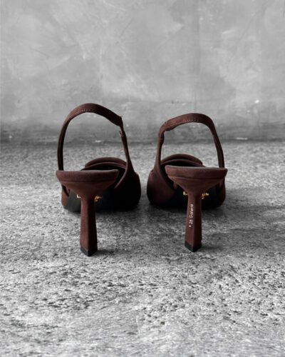 Prada Dark Brown Suede Slingback Pumps with 75mm heel, size 36.5. A timeless, elegant silhouette crafted in soft suede.