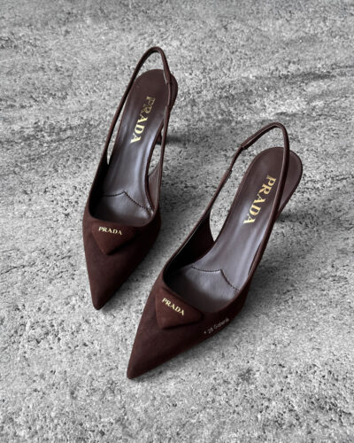 Prada Dark Brown Suede Slingback Pumps with 75mm heel, size 36.5. A timeless, elegant silhouette crafted in soft suede.