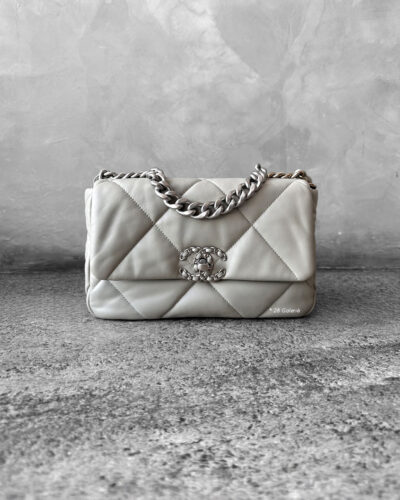 Chanel 19 Medium Light Grey Quilted Lambskin in Gold & Silver Hardware