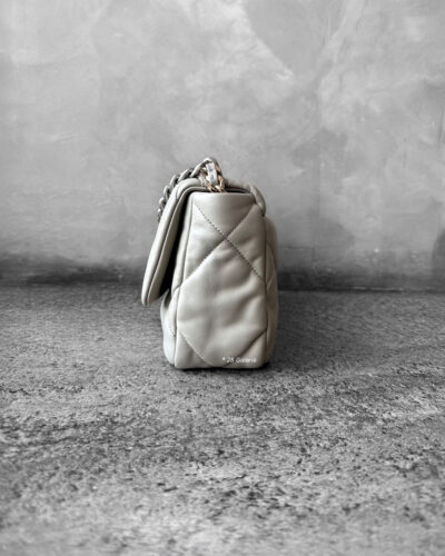 Chanel 19 Medium Light Grey Quilted Lambskin in Gold & Silver Hardware