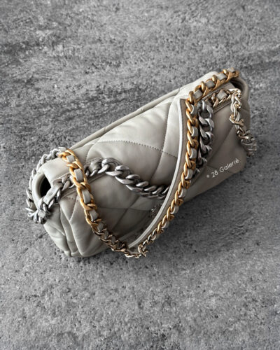 Chanel 19 Medium Light Grey Quilted Lambskin in Gold & Silver Hardware