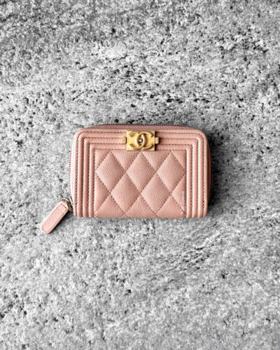 Chanel Beige Boy Zippy Card Wallet in Quilted Caviar Leather and Gold Hardware