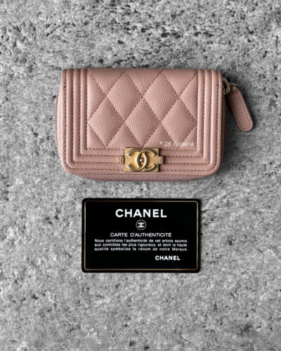 Chanel Beige Boy Zippy Card Wallet in Quilted Caviar Leather and Gold Hardware