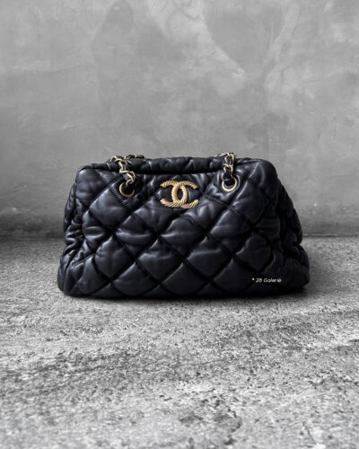 Chanel Black Bubble Quilted Bowler Bag in Lambskin Leather and Gold Hardware