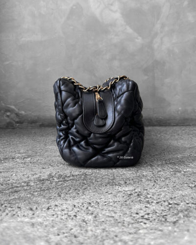 Chanel Black Bubble Quilted Bowler Bag in Lambskin Leather and Gold Hardware