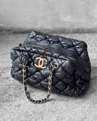 Chanel Black Bubble Quilted Bowler Bag in Lambskin Leather and Gold Hardware