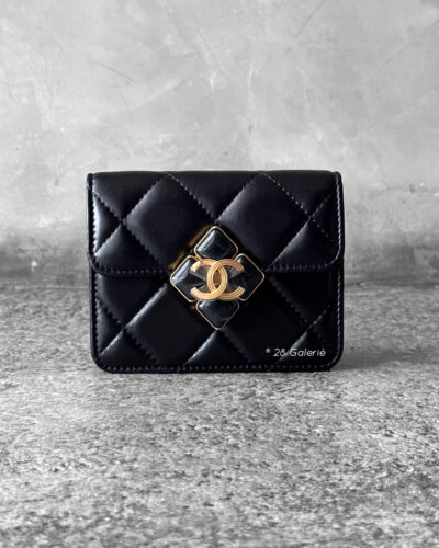 Chanel Black Diamond Lock Flap Card Holder on Chain in Quilted Lambskin Leather & Gold Hardware