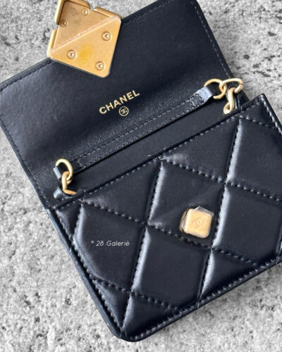 Chanel Black Diamond Lock Flap Card Holder on Chain in Quilted Lambskin Leather & Gold Hardware