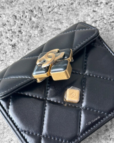 Chanel Black Diamond Lock Flap Card Holder on Chain in Quilted Lambskin Leather & Gold Hardware