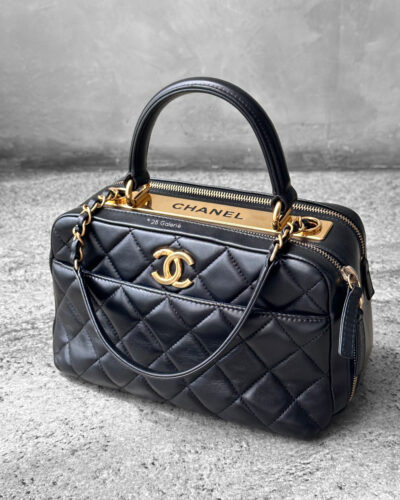 Chanel Black Trendy Bowling Bag in Lambskin Leather and Gold Hardware