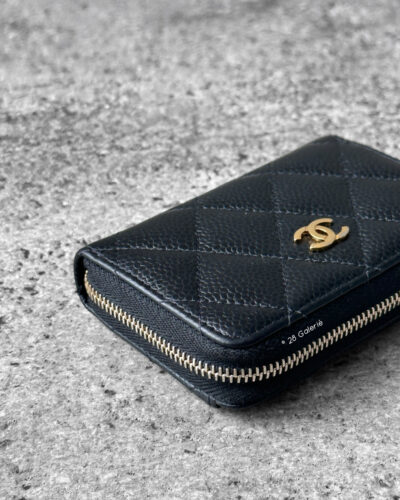 Chanel Black Zippy Card Wallet in Quilted Caviar Leather and Gold Hardware