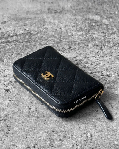 Chanel Black Zippy Card Wallet in Quilted Caviar Leather and Gold Hardware