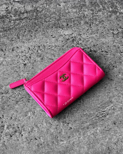 Chanel Hot Pink Zippy Card Holder in Quilted Caviar and Gold Hardware