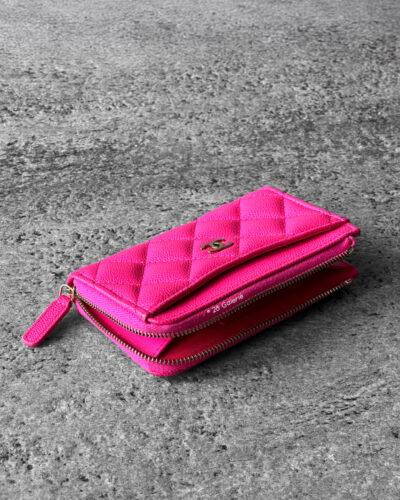 Chanel Hot Pink Zippy Card Holder in Quilted Caviar and Gold Hardware