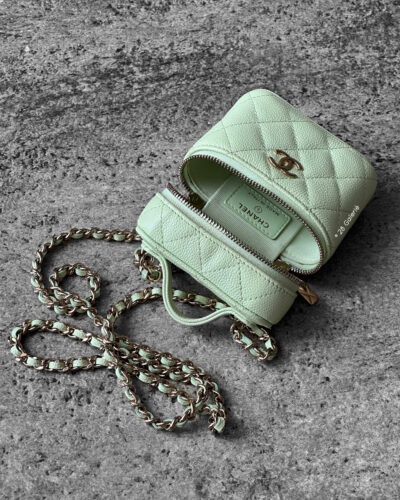 Chanel Mint Green Mini Vanity Top Handle Bag in Caviar Leather and Goldware