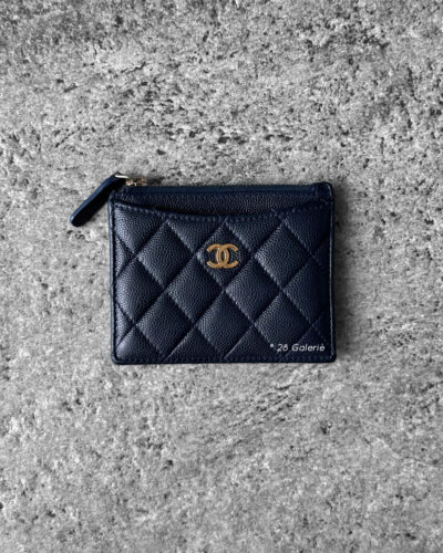 Chanel Navy Blue Zippy Card Holder in Quilted Caviar and Gold Hardware