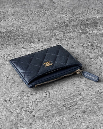 Chanel Navy Blue Zippy Card Holder in Quilted Caviar and Gold Hardware