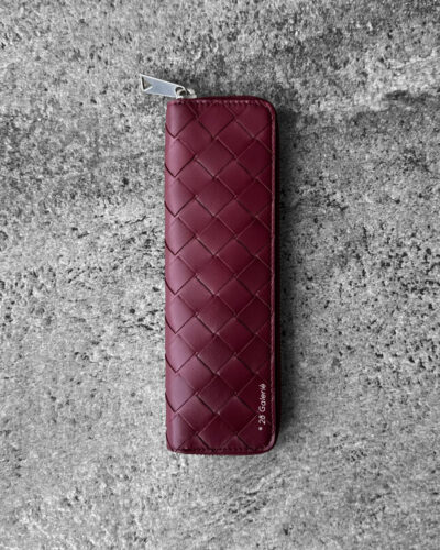Bottega Veneta Burgundy Pencil Zip Case Intreciattto Leather & Silver Hardware