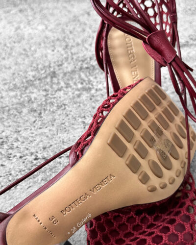 Bottega Veneta Burgundy Stretch Mesh Lace-up Sandals