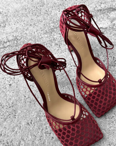 Bottega Veneta Burgundy Stretch Mesh Lace-up Sandals
