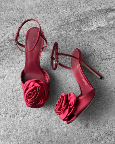 Gambattista Valli Red Satin Heeled Sandals with Flower