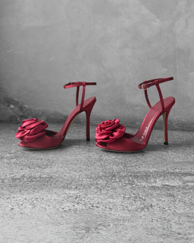 Gambattista Valli Red Satin Heeled Sandals with Flower