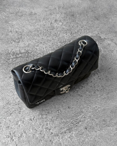 Chanel Black Mini Rectangular Flap in Lambskin Leather and Silver Hardware