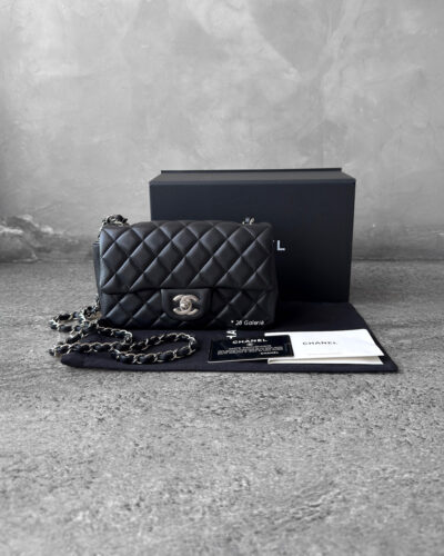 Chanel Black Mini Rectangular Flap in Lambskin Leather and Silver Hardware