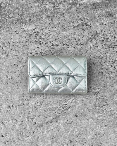 Chanel Metallic Silver Classic Flap Card Holder in Caviar Leather & Silver Hardware