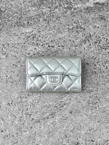 Chanel Metallic Silver Classic Flap Card Holder in Caviar Leather & Silver Hardware