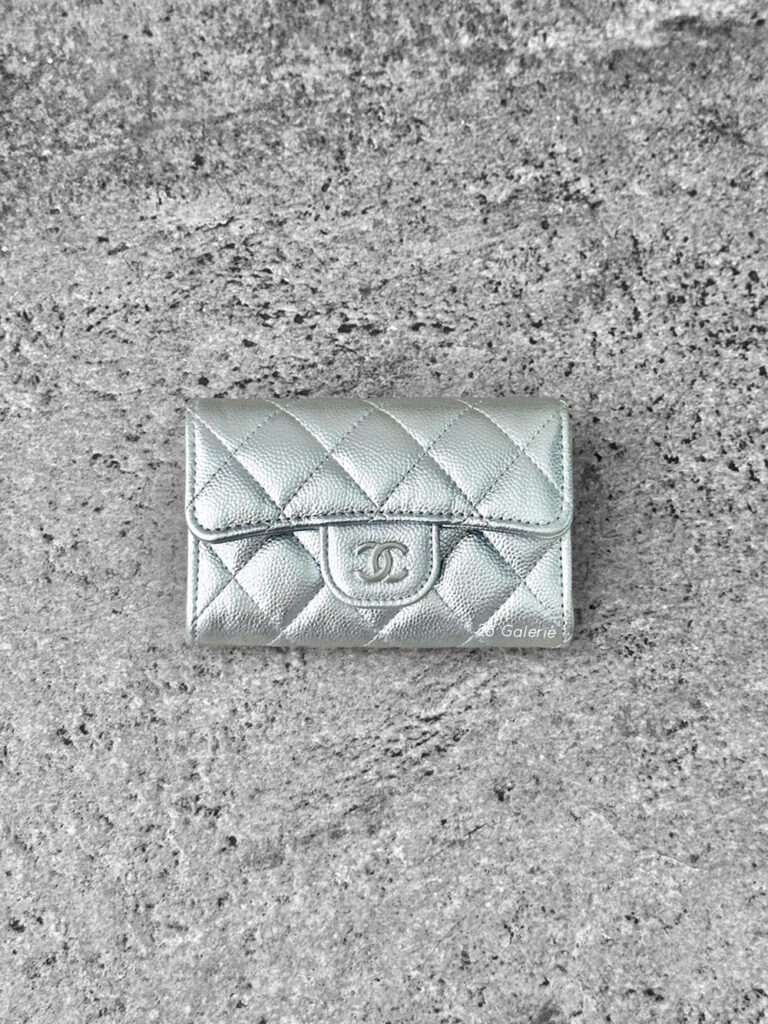 Chanel Metallic Silver Classic Flap Card Holder in Caviar Leather & Silver Hardware
