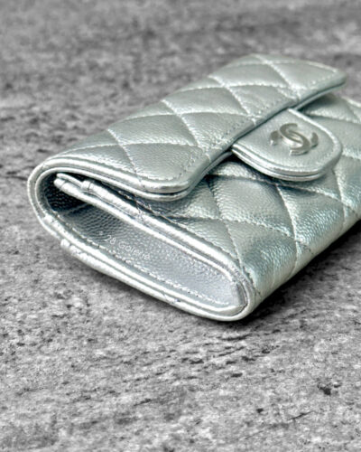 Chanel Metallic Silver Classic Flap Card Holder in Caviar Leather & Silver Hardware