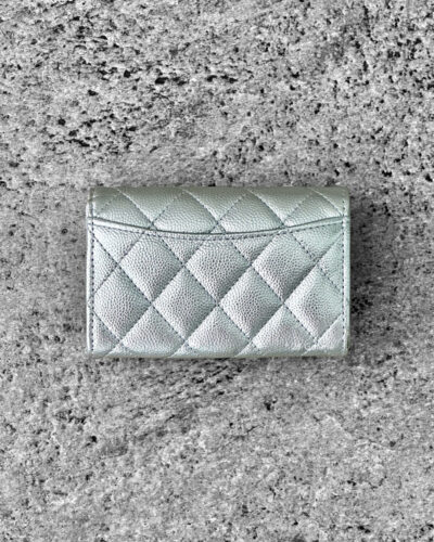 Chanel Metallic Silver Classic Flap Card Holder in Caviar Leather & Silver Hardware