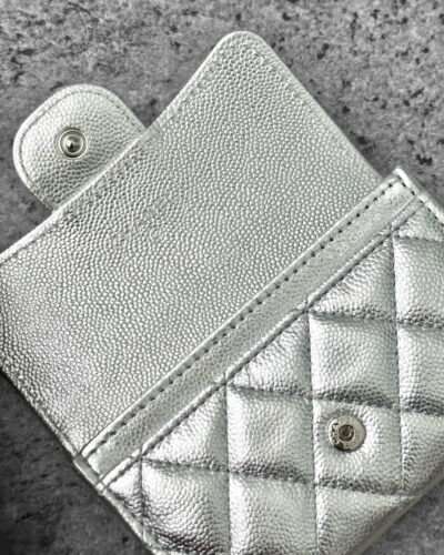Chanel Metallic Silver Classic Flap Card Holder in Caviar Leather & Silver Hardware
