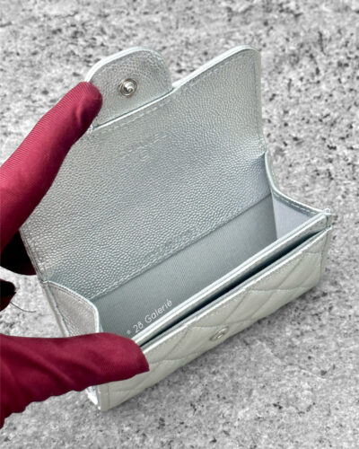 Chanel Metallic Silver Classic Flap Card Holder in Caviar Leather & Silver Hardware