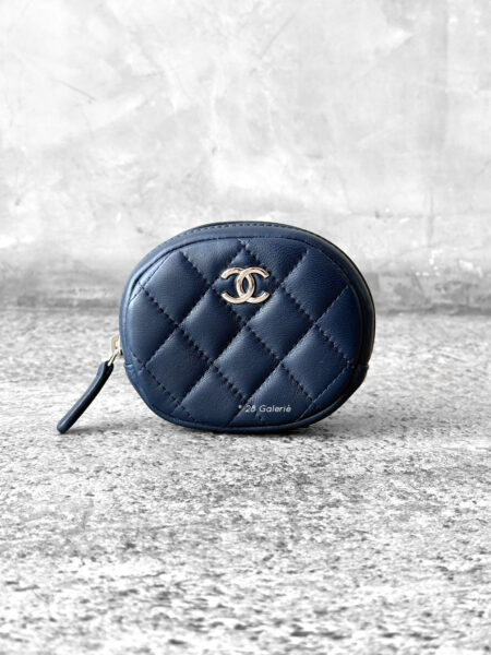 Chanel navy blue coin purse, round zippy coin purse, lambskin leather wallet, silver hardware coin purse, luxury coin purse Chanel, designer coin purse