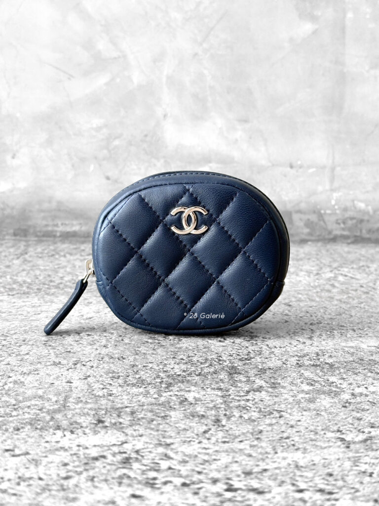 Chanel navy blue coin purse, round zippy coin purse, lambskin leather wallet, silver hardware coin purse, luxury coin purse Chanel, designer coin purse