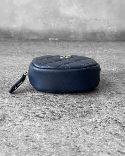 Chanel navy blue coin purse, round zippy coin purse, lambskin leather wallet, silver hardware coin purse, luxury coin purse Chanel, designer coin purse