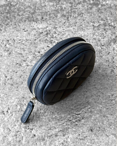 Chanel navy blue coin purse, round zippy coin purse, lambskin leather wallet, silver hardware coin purse, luxury coin purse Chanel, designer coin purse