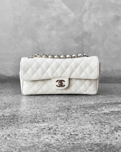 Chanel Vintage Ivory East West Flap in Caviar Leather and Silver Hardware
