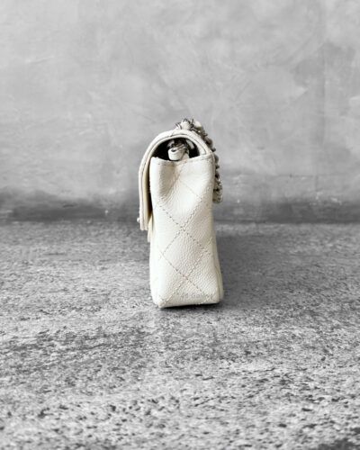 Chanel Vintage Ivory East West Flap in Caviar Leather and Silver Hardware