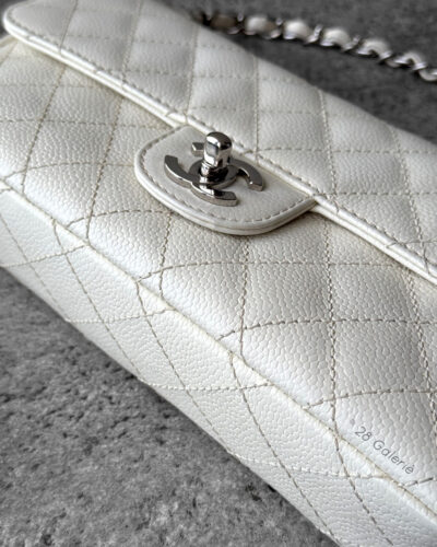 Chanel Vintage Ivory East West Flap in Caviar Leather and Silver Hardware