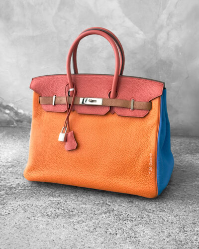 Hermes Limited Edition Arlequin Birkin 35 in Orange/Sanguine/Gold/Bleu Hydra/Bleu lin/Étain in Clemence leather & Palladium Hardware